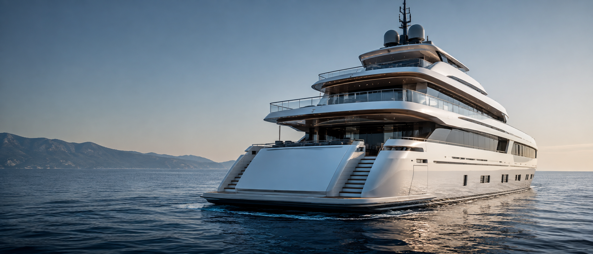 Modern superyacht underway at sea.
