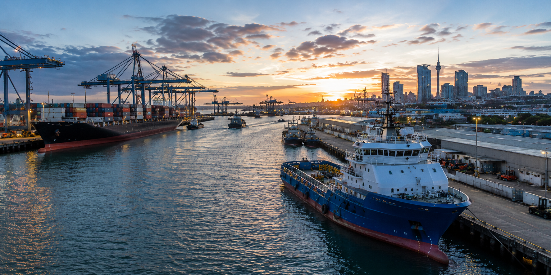 Commercial harbour at dusk with a container ship under gantry cranes and an offshore support vessel alongside the wharf.