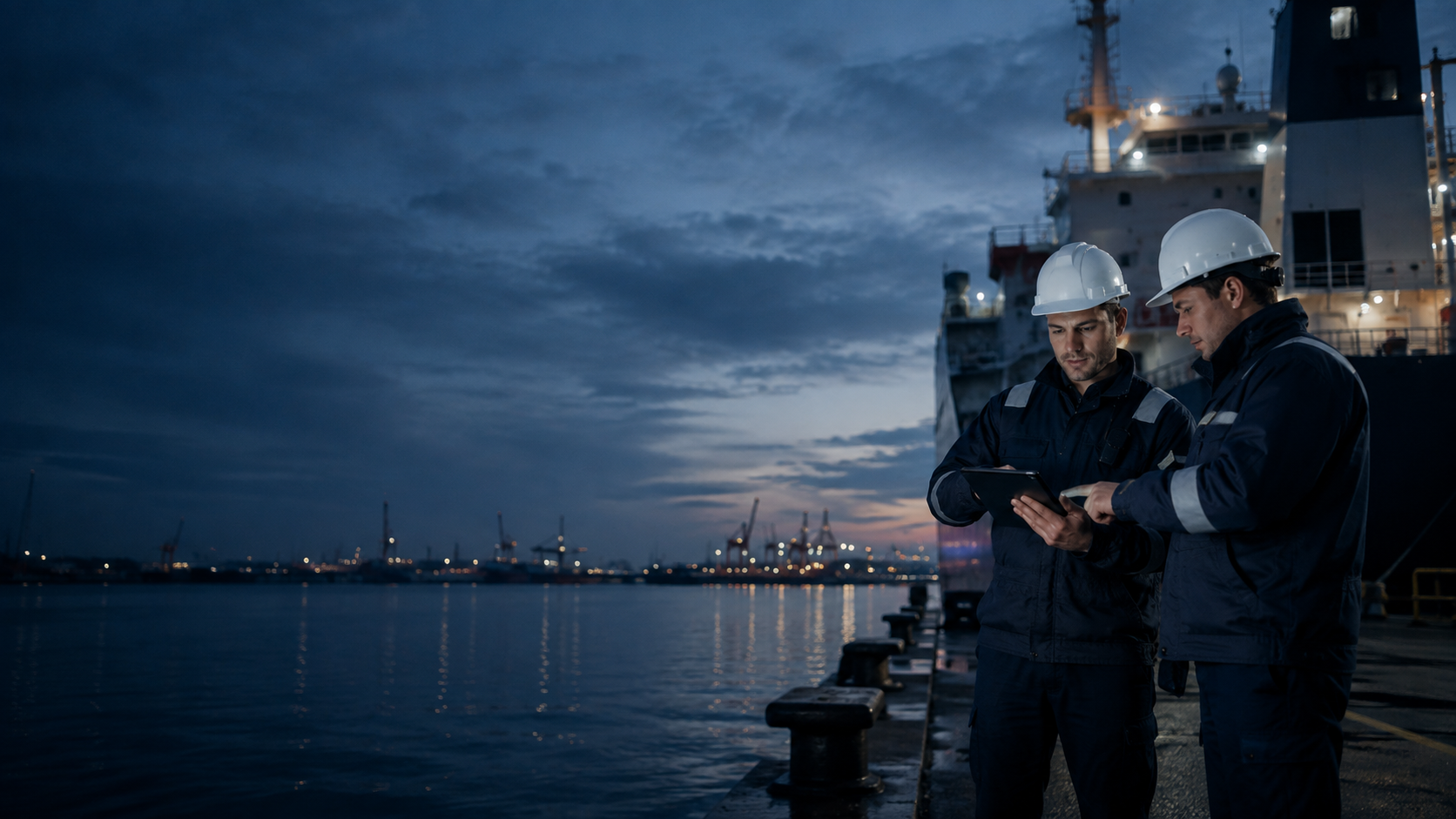 Two crew in hard hats reviewing information on a tablet alongside a vessel