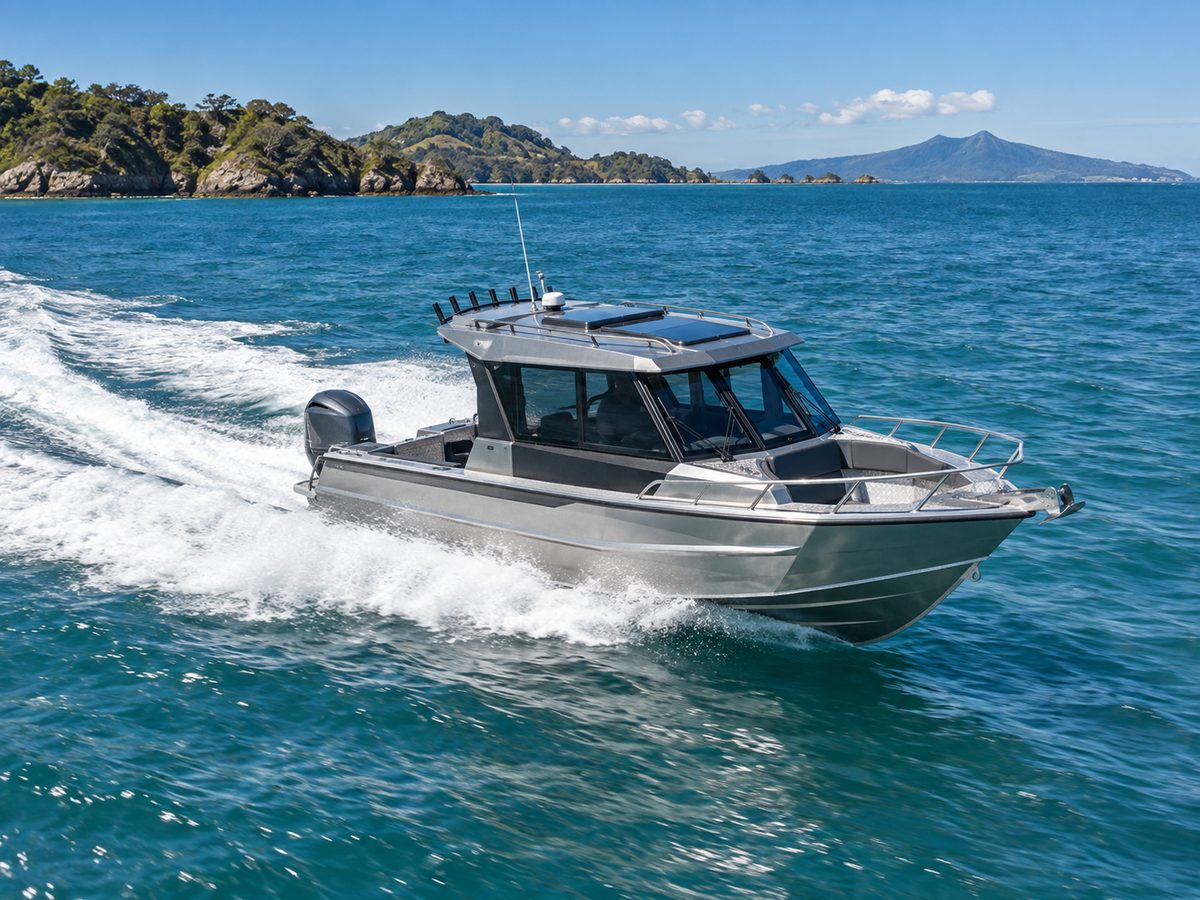 Aluminium hardtop recreational boat underway in the Hauraki Gulf.