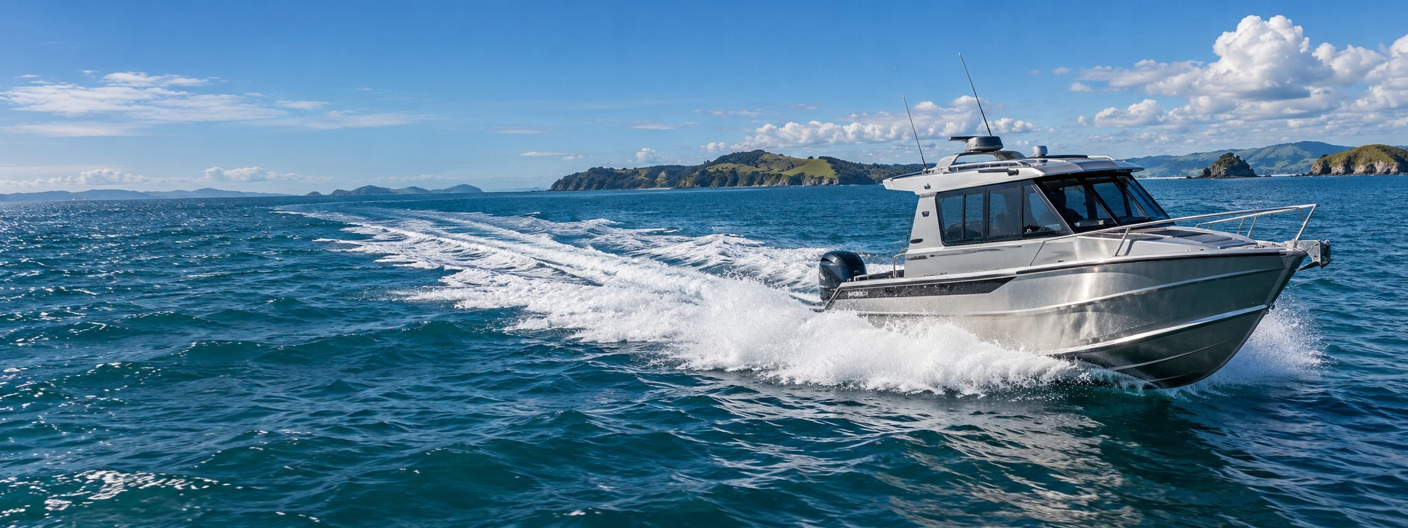 Aluminium cabin boat travelling at speed through New Zealand coastal waters.