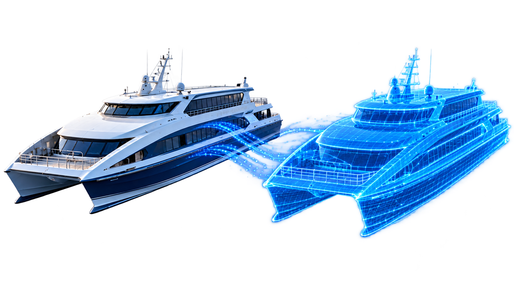 Passenger ferry beside a digital twin representation illustrating vessel condition monitoring.