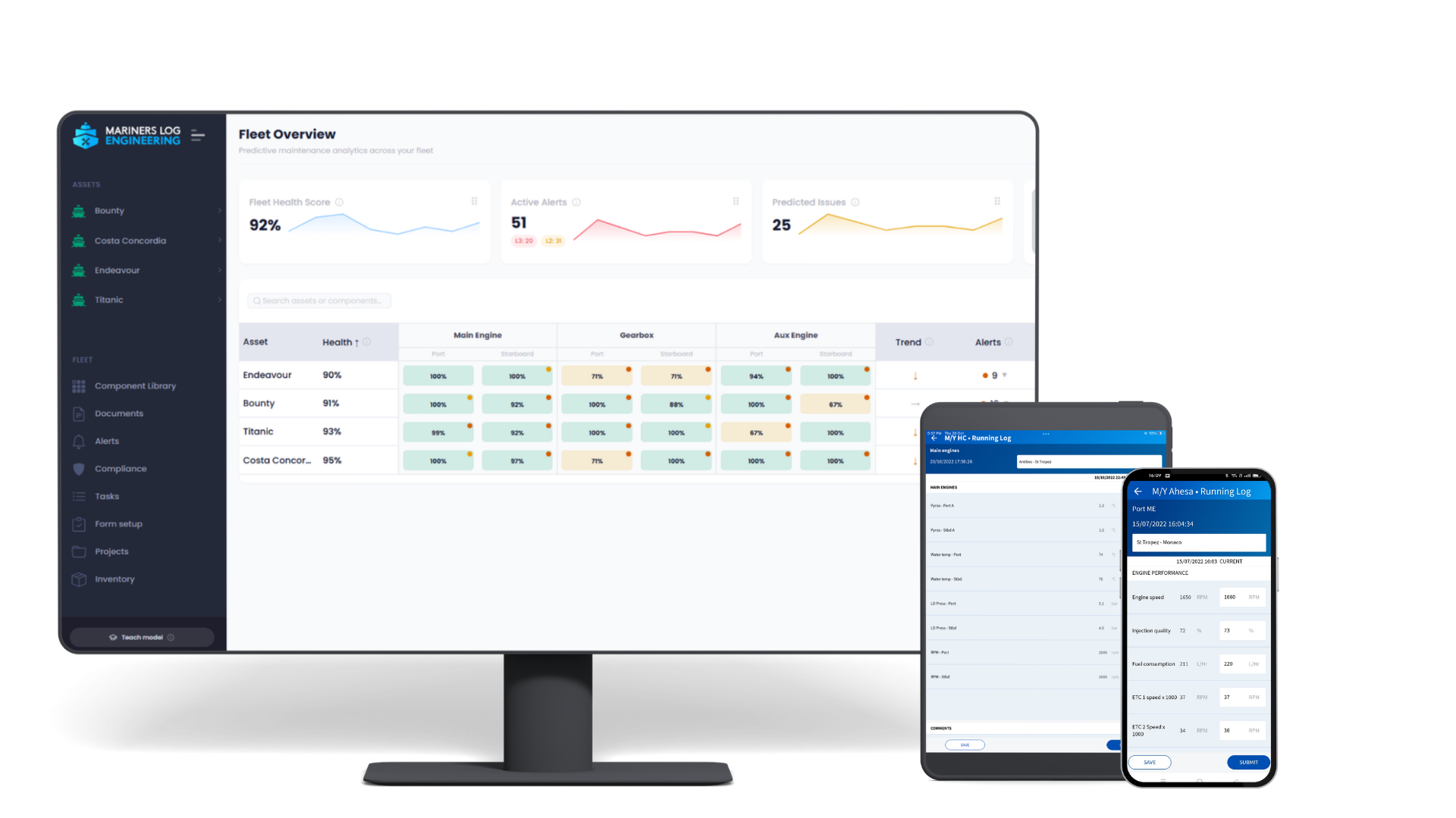 Mariners Log fleet overview on a desktop monitor, with a running log open on a tablet and a phone.